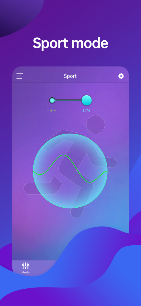 MagicStrip app interface showing the Sport mode with a toggle switch and a circular graphic containing a green wave