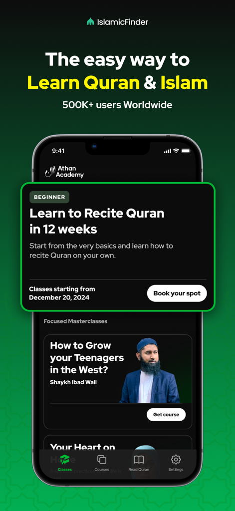아탄 아카데미 앱 인터페이스, 꾸란 암송 강좌 및 이슬람 마스터클래스 표시.