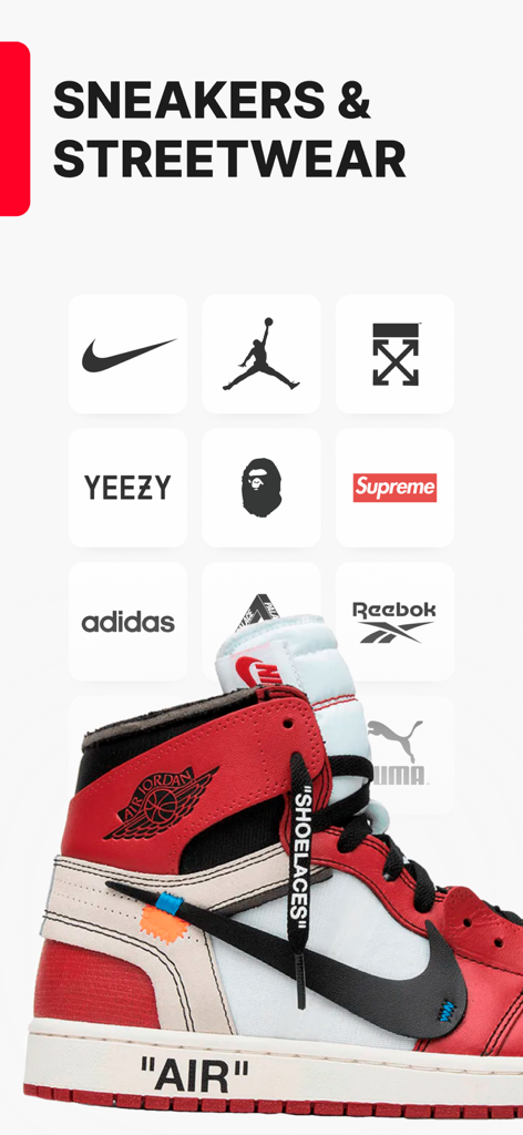 A display of popular sneaker and streetwear brand logos including Nike, Jordan, Yeezy, and Supreme above a high-top Air Jordan sneaker.