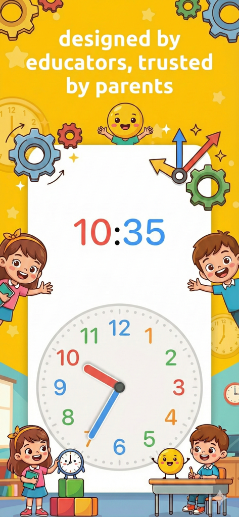 Telling Time For Kids App - Educational app interface showing kids learning to tell time with analog and digital clocks