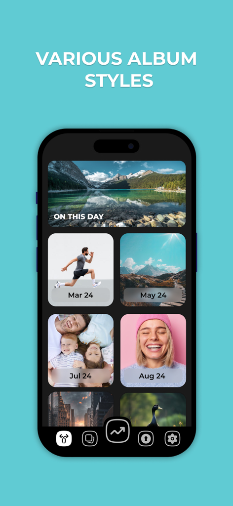 iPhone screen displaying various photo album organization styles by month and date within the Swipe Photo Cleaner app.