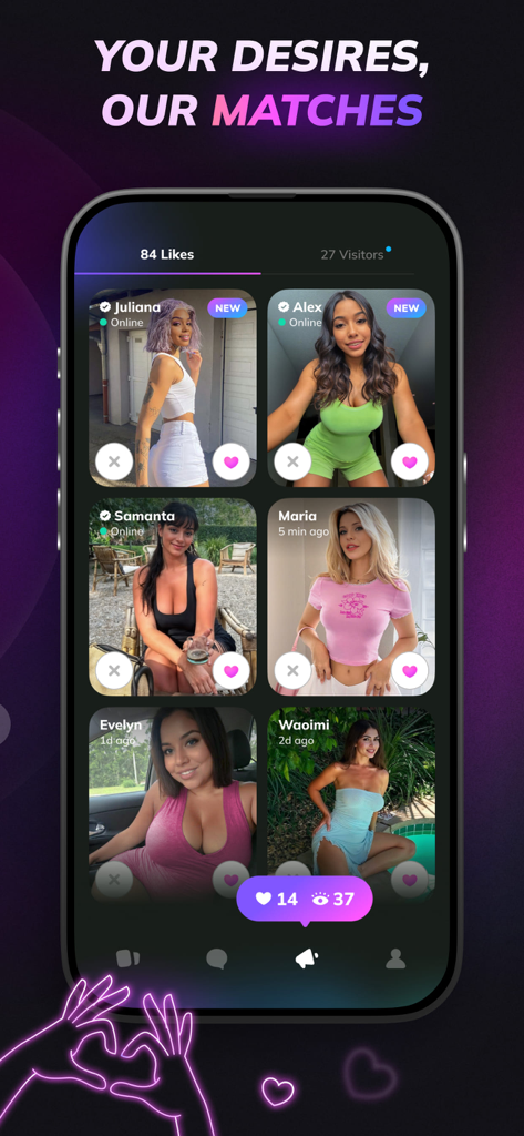 Flirtini - Match, Chat, Flirt - Interface de l'application mobile Flirtini montrant une grille de correspondances potentielles avec des onglets likes et visiteurs
