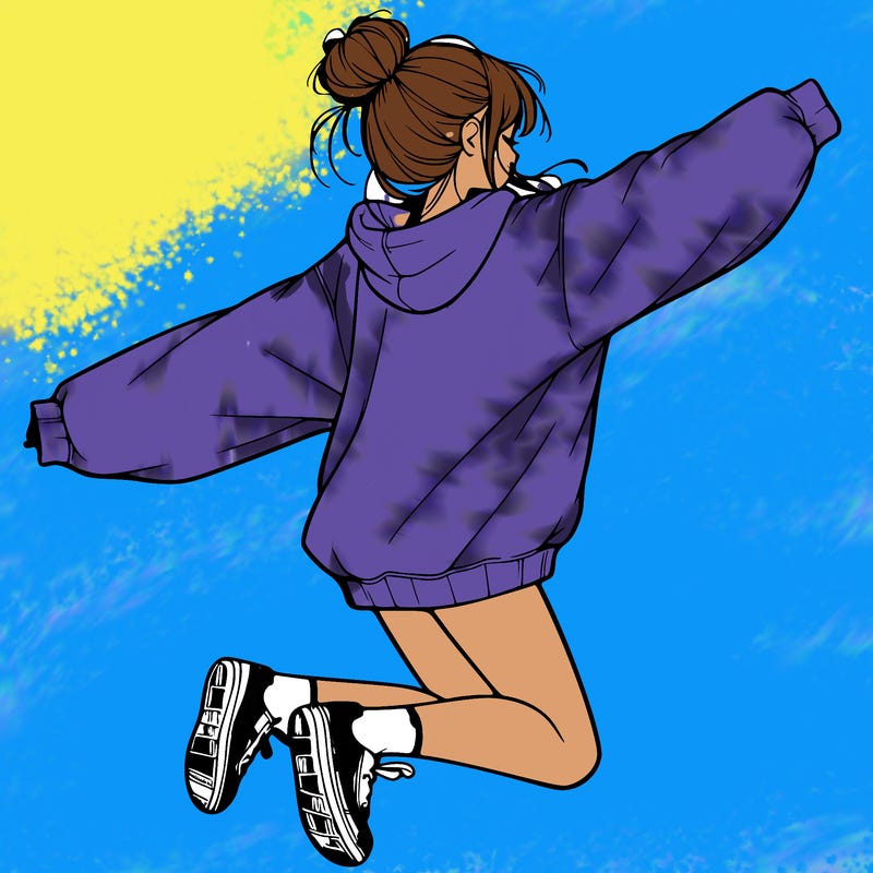 realistic girl jumping with a bun and oversized sweatshirt