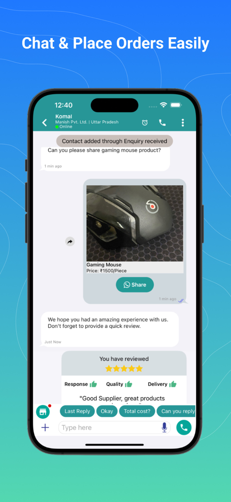 IndiaMART app chat interface showing a product inquiry for a gaming mouse and a completed buyer review