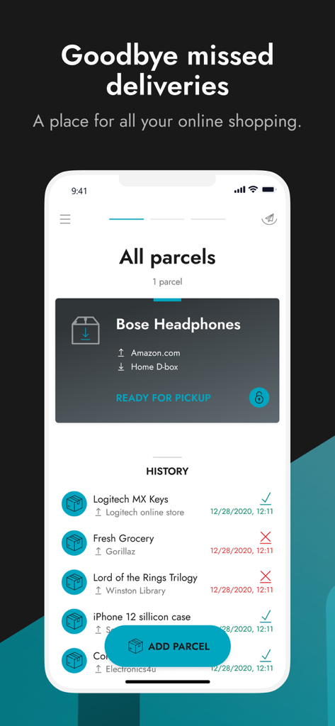Direct4.me - Direct4.me app interface showing tracked parcels and delivery history with a ready for pickup notification