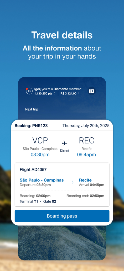 Screenshot of the Azul app showing travel details for a flight from Sao Paulo to Recife including flight number boarding time and digital boarding pass button