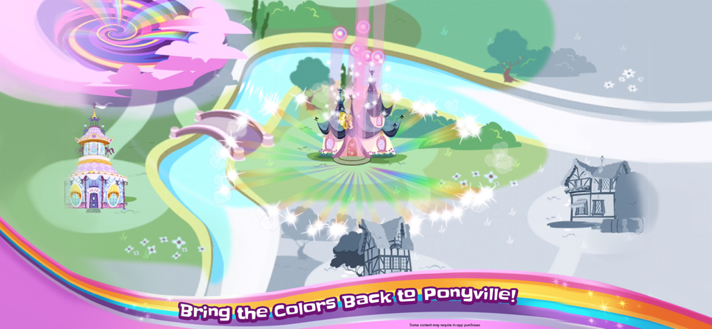 My Little Pony Rainbow Runners - Una mappa colorata di Ponyville con luce arcobaleno che ripristina il colore a un paesaggio grigio e il testo Riporta i Colori a Ponyville
