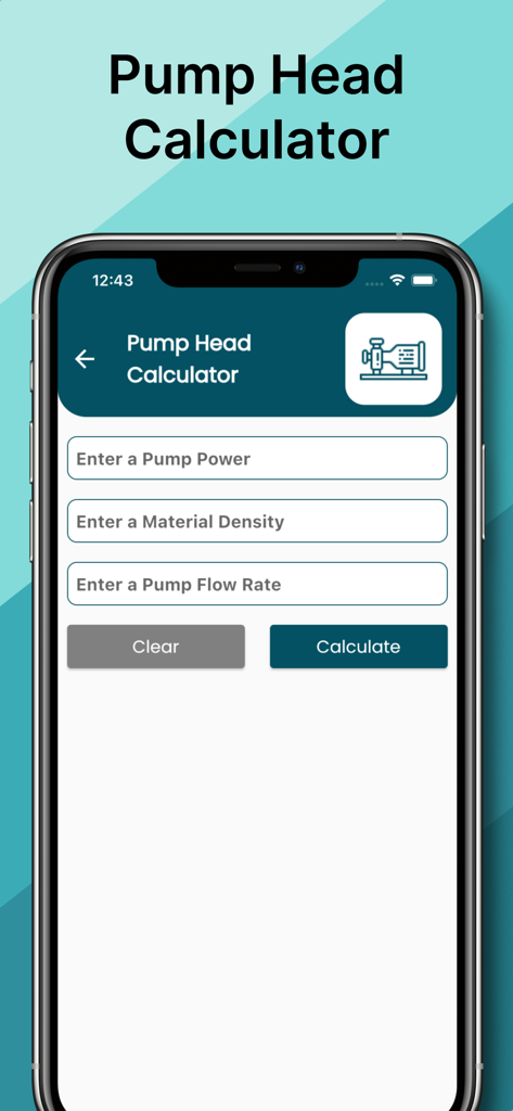 Interfaz de la aplicación móvil Calculadora de Carga de Bomba con campos de entrada para potencia de bomba, densidad del material y caudal.