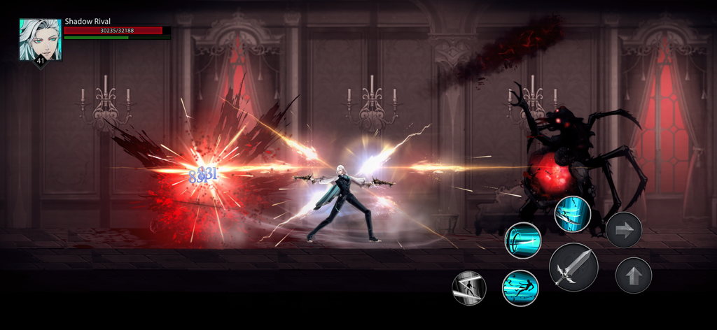 Combate de RPG de Ação em Shadow Rival apresentando um herói atacando um monstro sombra em um salão gótico.