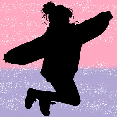 realistic girl jumping with a bun and oversized sweatshirt