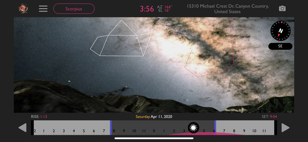 Helios Location Light Pre-Vis - Helios app interface showing the Milky Way and Scorpius constellation over a 3D landscape for night photography planning.