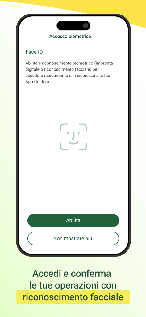 Credem Banca app screen showing facial recognition setup for biometric access