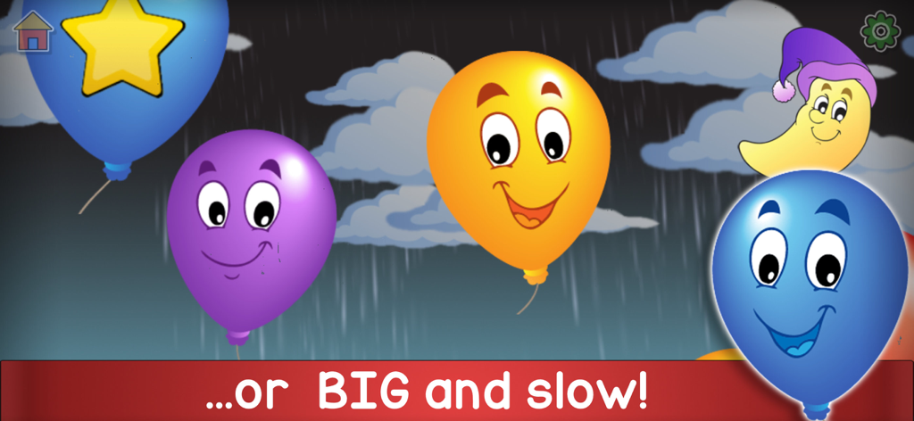 Kids Balloon Pop Language Game - Globos coloridos sonrientes en un cielo nocturno mostrando la configuración de juego grande y lenta para niños pequeños