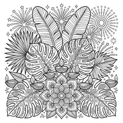 Immerse yourself in the festive spirit of Diwali with this unique coloring page, blending lush tropical leaves with traditional diyas and sparkling fireworks. This intricate design offers a calming and celebratory coloring experience for all ages.