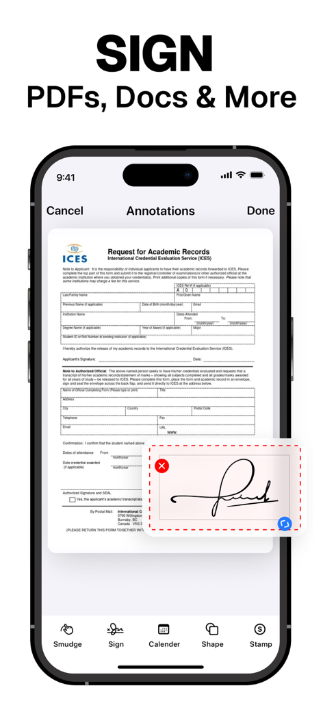 PDF Scanner ~ Scan Document - A smartphone screen displaying the electronic signature feature for digital PDF documents