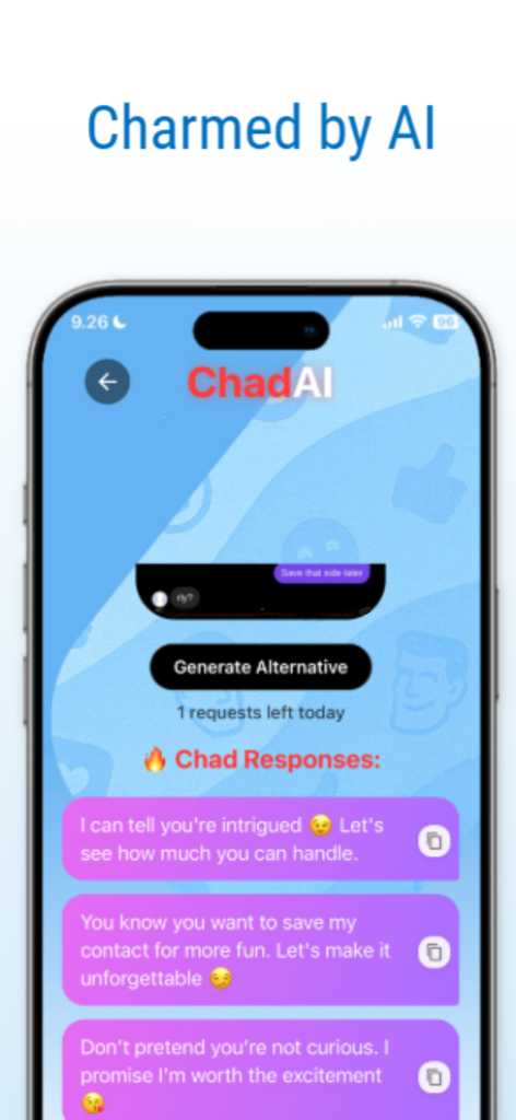 Chad.AI - Chad AI app screen showing multiple AI generated dating chat replies