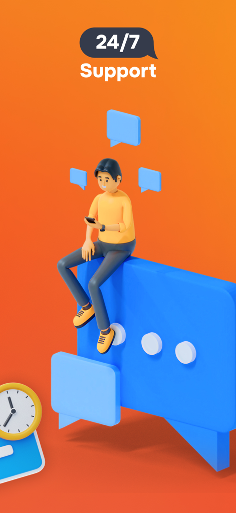 Virtual SIM: SMS activate - Personagem 3D sentado em uma bolha de chat representando suporte ao cliente 24 horas por dia, 7 dias por semana para ativação de SMS virtual