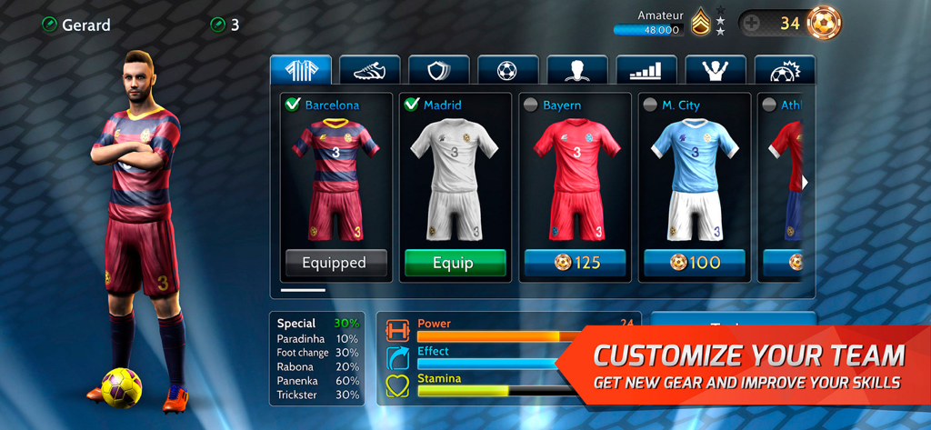 Final Kick: Online football - Bildschirm zur Anpassung von Fußballteams in Final Kick Online Football, der Trikots und Fähigkeiten zeigt