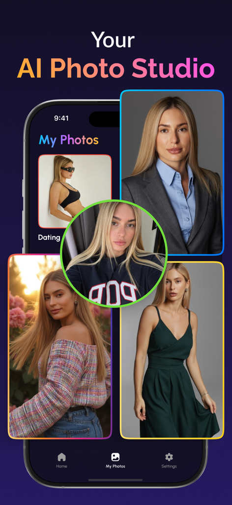 AI Photo - Headshot Generator - Estudio de fotografía con IA que muestra retratos profesionales y fotos de estilo de vida en un smartphone