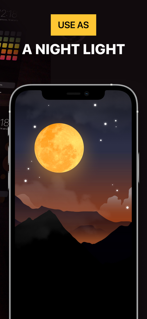 아이폰 화면에 고요하게 빛나는 달과 산 풍경이 야간 조명 애니메이션으로 표시됨