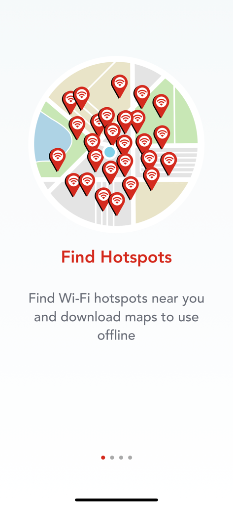 Pantalla del mapa de la aplicación Boingo Wi-Finder que muestra un mapa con iconos rojos que indican puntos de acceso Wi-Fi disponibles