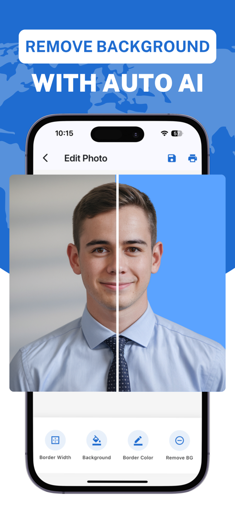 Passport Photo ID Visa Maker - Démonstration sur écran partagé d'un outil IA supprimant l'arrière-plan d'une photo pour une carte d'identité de passeport.