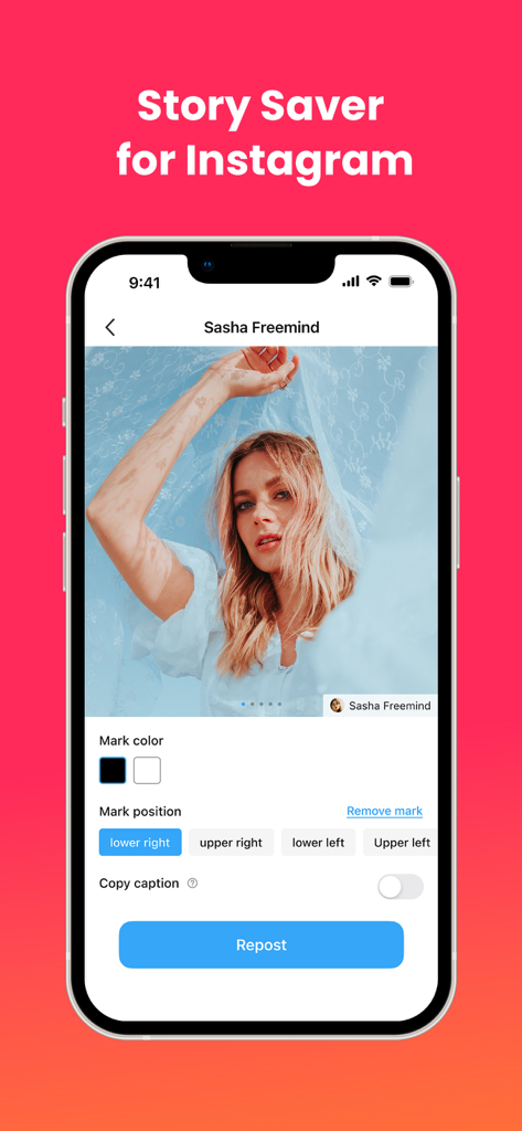 Mobile interface of the Video Downloader and Story Saver app showing options to customize watermark and repost Instagram content