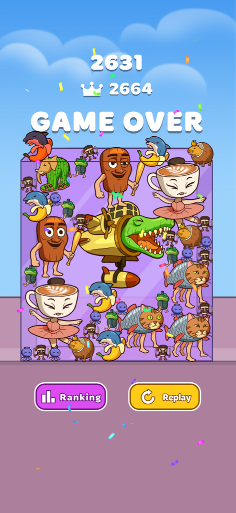 Brainrot Merge: Drop Puzzle - Game Over screen of Brainrot Merge showing a collection of merged meme characters
