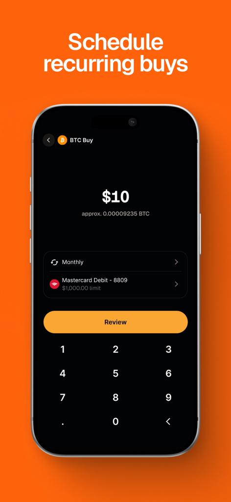 Gemini Exchange & Credit Card - A mobile phone screen showing the Gemini app interface to schedule monthly recurring Bitcoin purchases for ten dollars.
