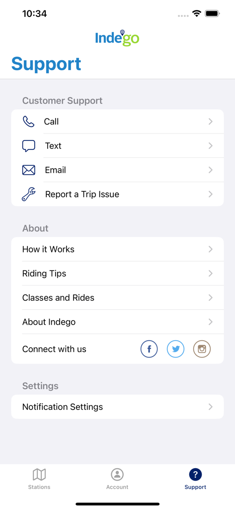 Support screen of the Indego bike share app showing customer service contact options and riding information