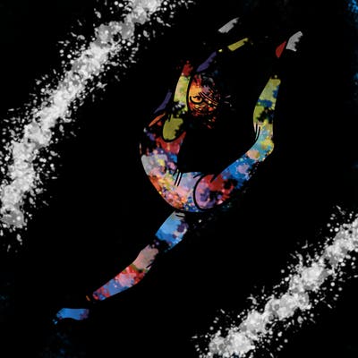 gymnast doing a leap in a leotard with a bent back leg