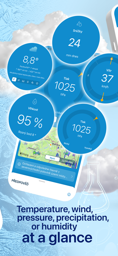 In-počasí - Mobile Oberfläche der In-pocasi Wetter-App mit Echtzeitdaten für Windtemperatur und Luftfeuchtigkeit