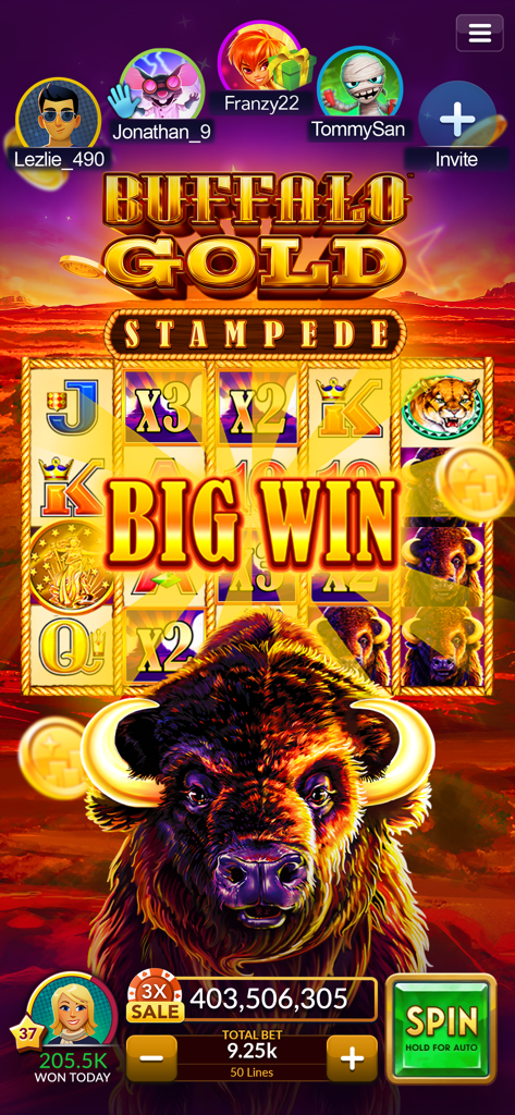 Big Win on the Buffalo Gold Stampede slot machine in Jackpot Magic Slots.