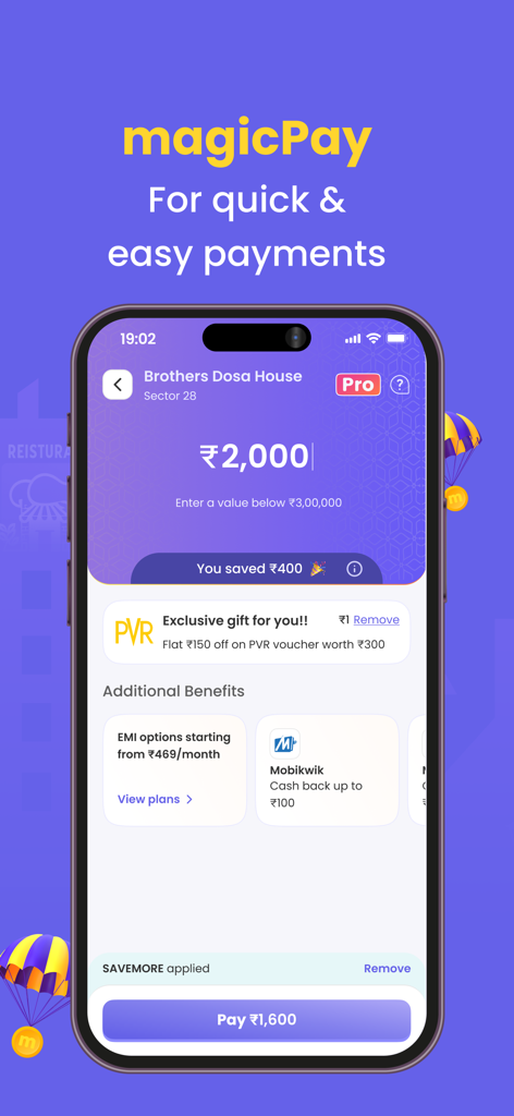 magicpin:Food|Fashion|Delivery - レストランの支払いに伴う節約と特典を表示するmagicPayインターフェースの携帯電話画面