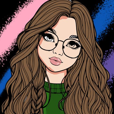 girl with long hair and freckles and glasses realistic