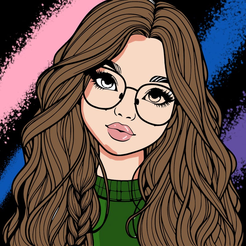 girl with long hair and freckles and glasses realistic