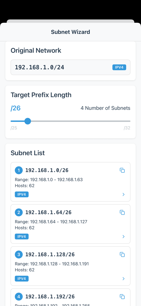 IP Calc(ipv4/ipv6) - Interfaz de la herramienta Asistente de Subredes IP Calc que muestra una red IPv4 dividida en cuatro subredes con un control deslizante para la longitud del prefijo.