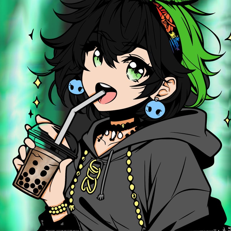hot baddie anime girl drinking boba and biting the straw