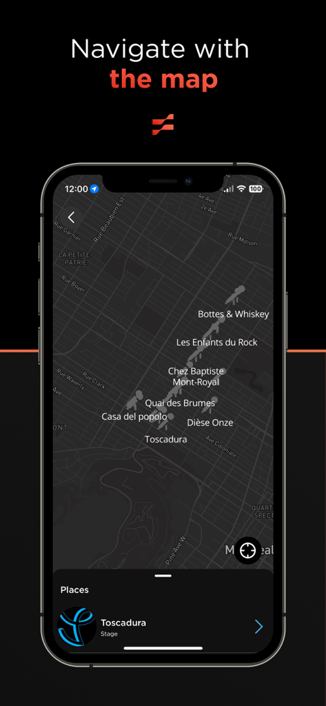 FEST: Your Festivals, One App - A screenshot of the FEST app showing an interactive festival map with stage names and points of interest.