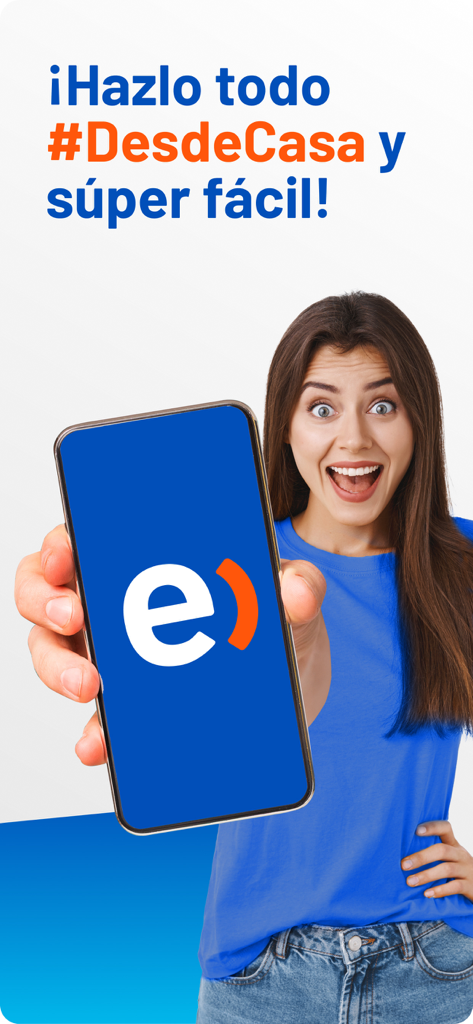 Una mujer sonriente sosteniendo un smartphone con el logo de Entel y texto en español diciendo haz todo desde casa.