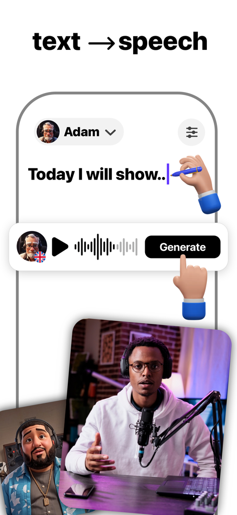 Interfaz de Labs AI Voice Generator mostrando conversión de texto a voz para creadores de contenido