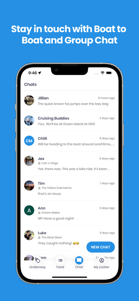 Screenshot of the Nebo app showing boat-to-boat and group chat messaging features on a smartphone screen.