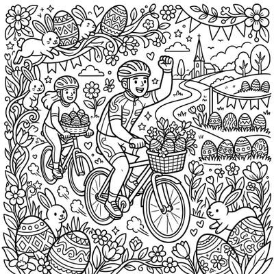 Celebrate Easter with this charming coloring page featuring two cyclists enjoying a festive ride. Adorned with bunnies, eggs, and spring flowers, it's perfect for a joyful coloring session.