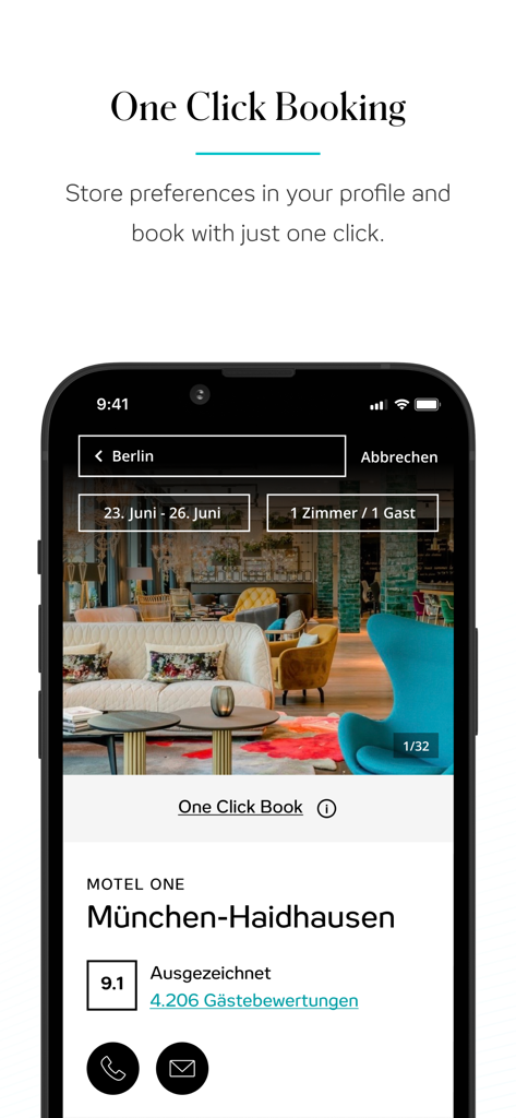 Motel One App-Bildschirm, der die Ein-Klick-Buchungsfunktion für ein Hotel in München zeigt.