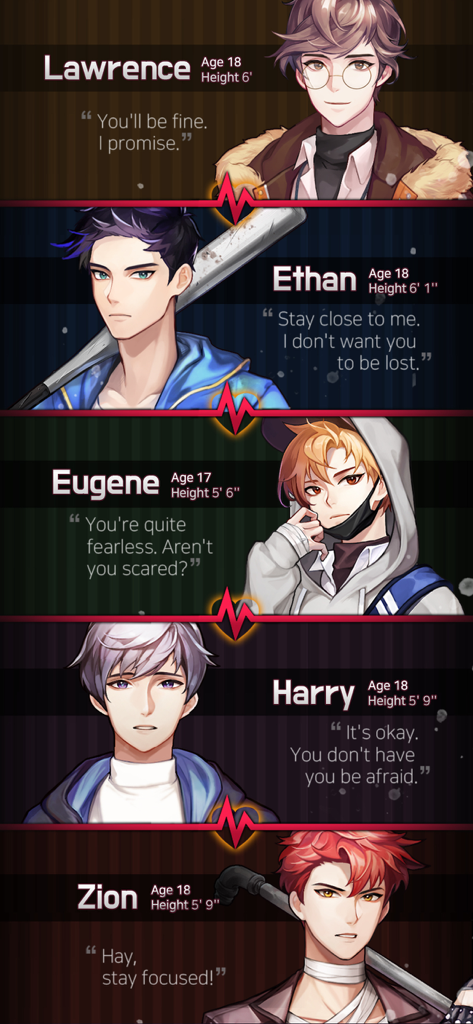 Dangerous Fellows - otome game - Five male lead characters from the Dangerous Fellows otome game with names and quotes