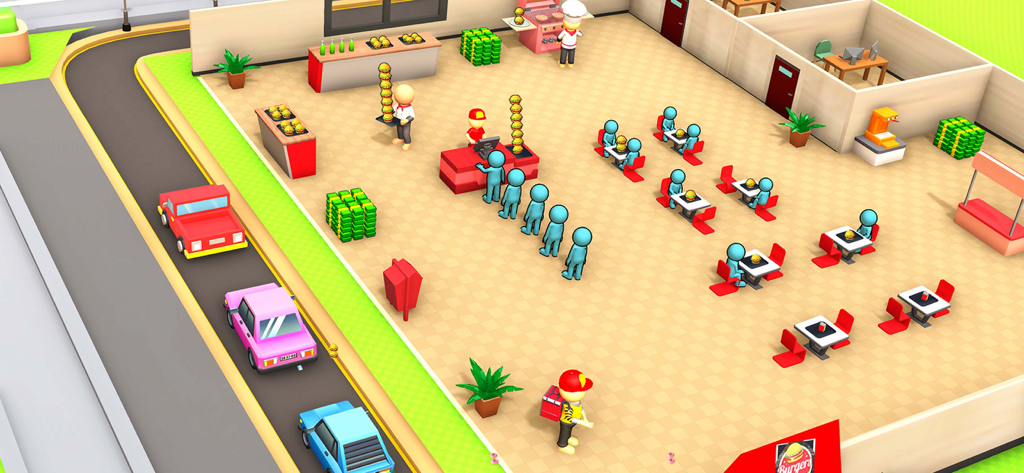 Gameplay screenshot of Patty Please burger restaurant simulation with customers and drive-thru