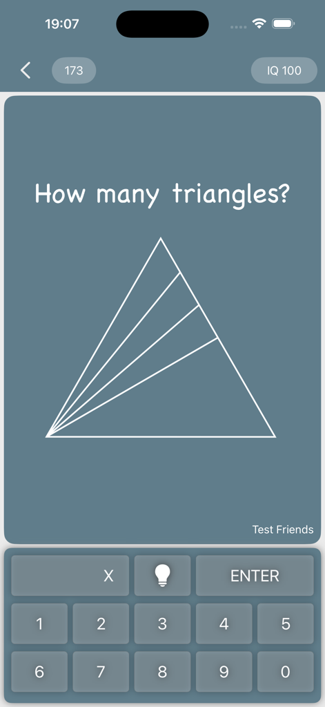 Math Riddles: IQ Test Quiz - A math riddle screen asking to count triangles in a geometric diagram