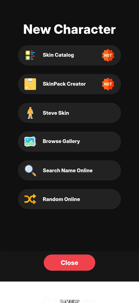 Menu for creating new characters in Craftify Editor with skin catalog and skinpack options