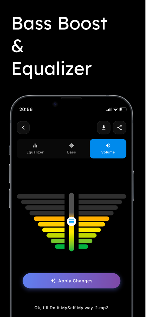 Volume Booster Speaker Booster - Interfaz de la aplicación Volume Booster que muestra la mejora de graves y la configuración del ecualizador de audio con un visualizador colorido.
