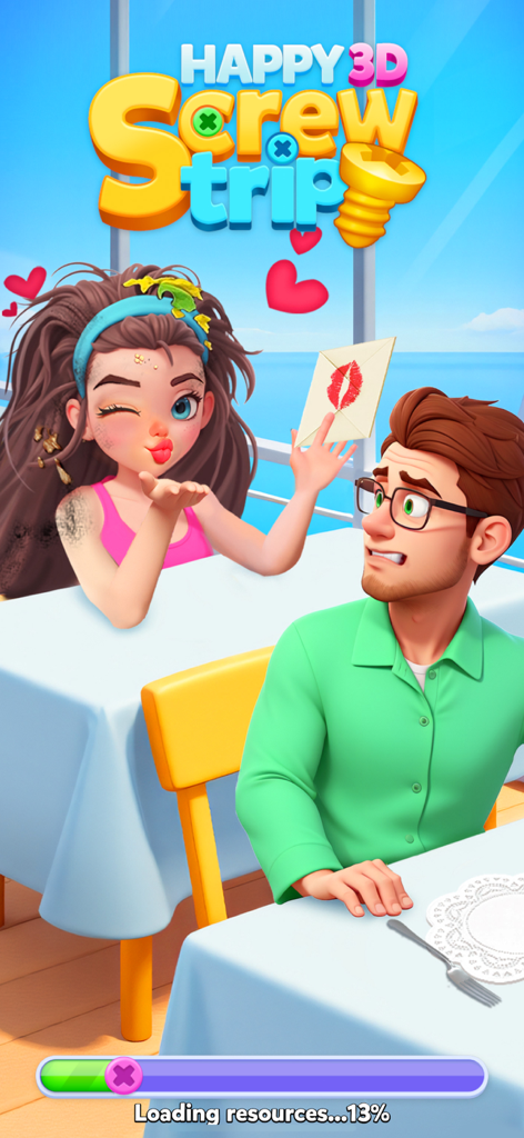 Happy Screw Trip 3D - Loading screen for Happy Screw Trip 3D featuring cartoon characters and a progress bar